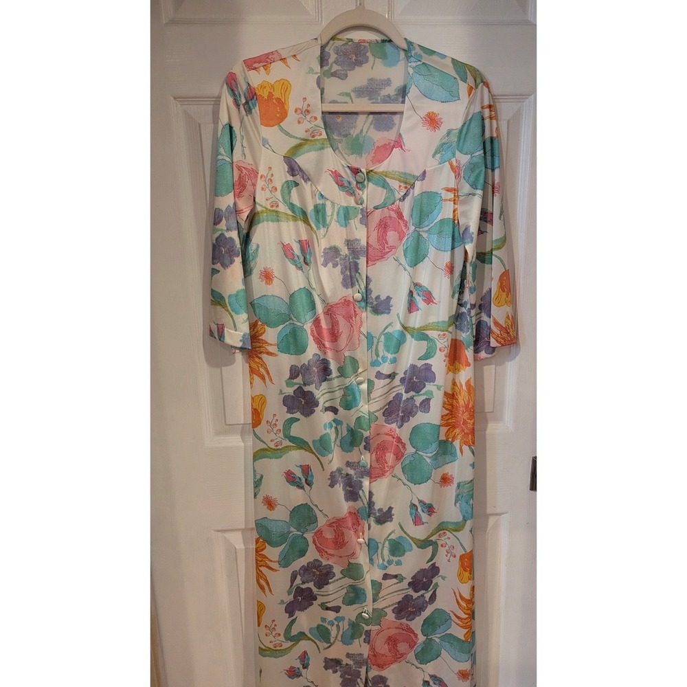 Vintage 70s Watercolor Floral Hostess Gown Maxi Dress Button Front Lounge Robe S - Picture 2 of 7